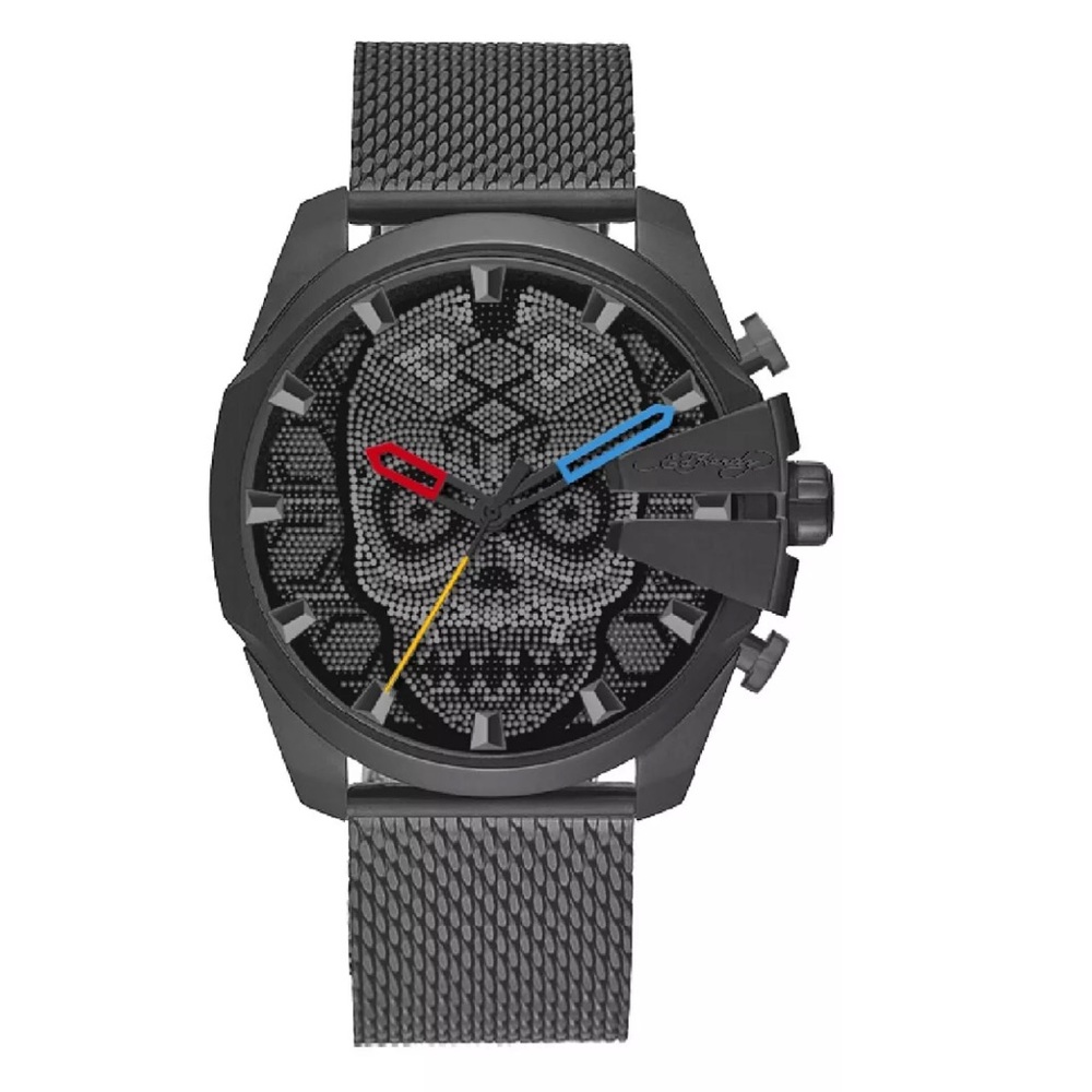 Ed Hardy skull gunmetal men’s watch new with tags and box size 53mm